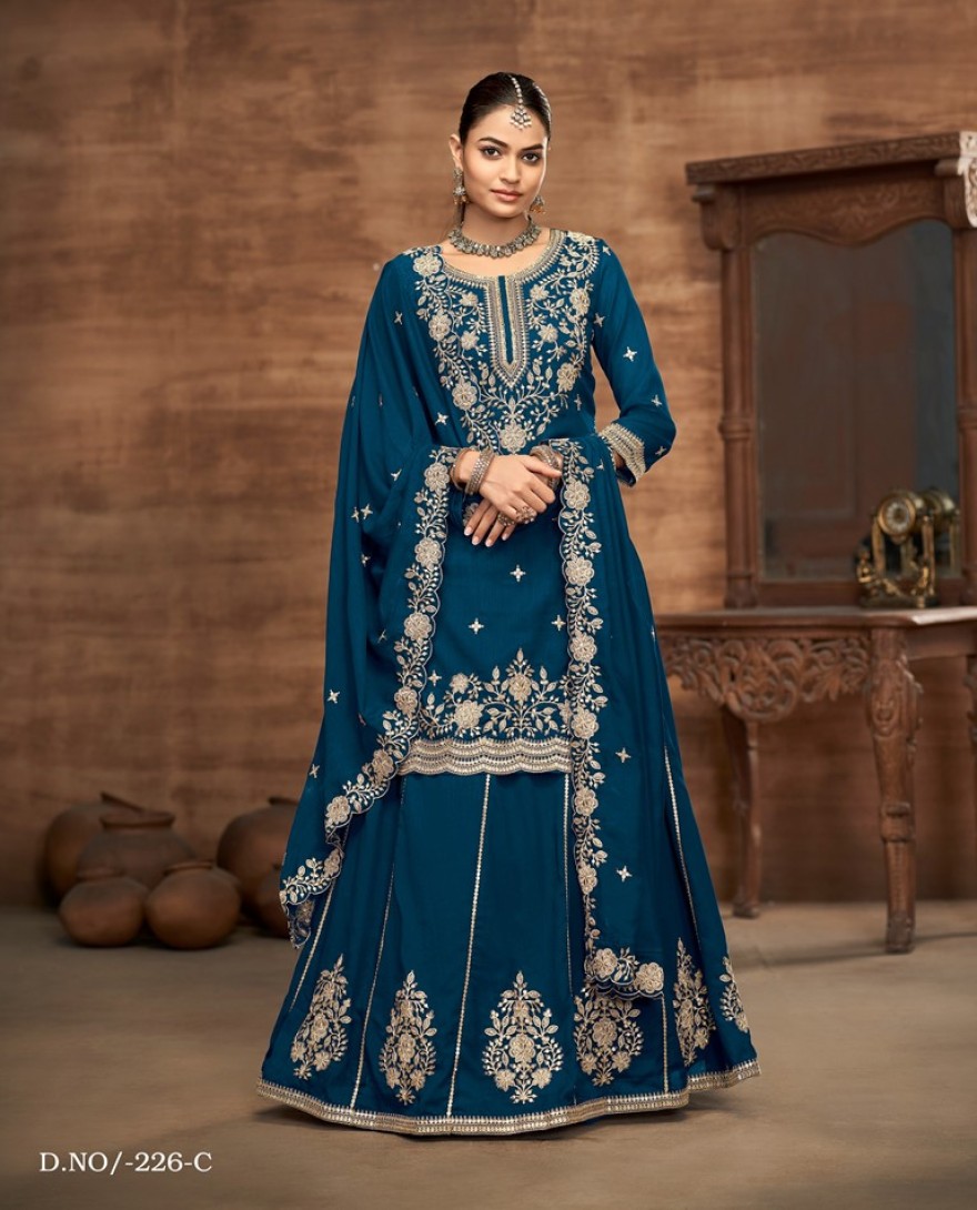 226-blue - Blue Embroidered Traditional Sharara Style Suit.